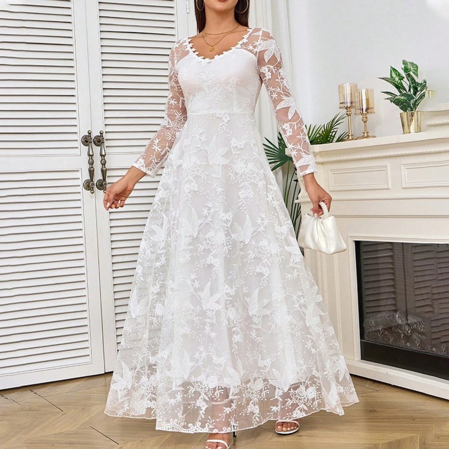 2026 New European And American Lace Women's Long Sleeve Off-Shoulder White Bridal Wedding Dress Gown
