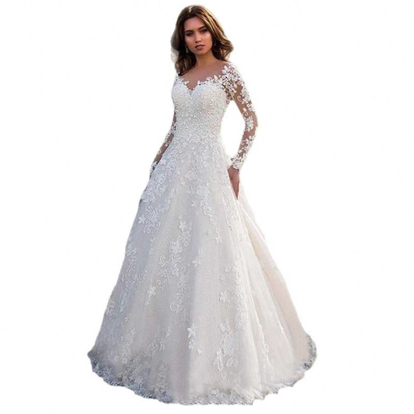 2026 New European And American Lace Women's Long Sleeve Off-Shoulder White Bridal Wedding Dress Gown