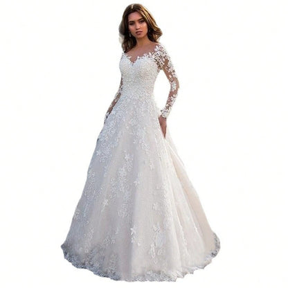 2026 New European And American Lace Women's Long Sleeve Off-Shoulder White Bridal Wedding Dress Gown