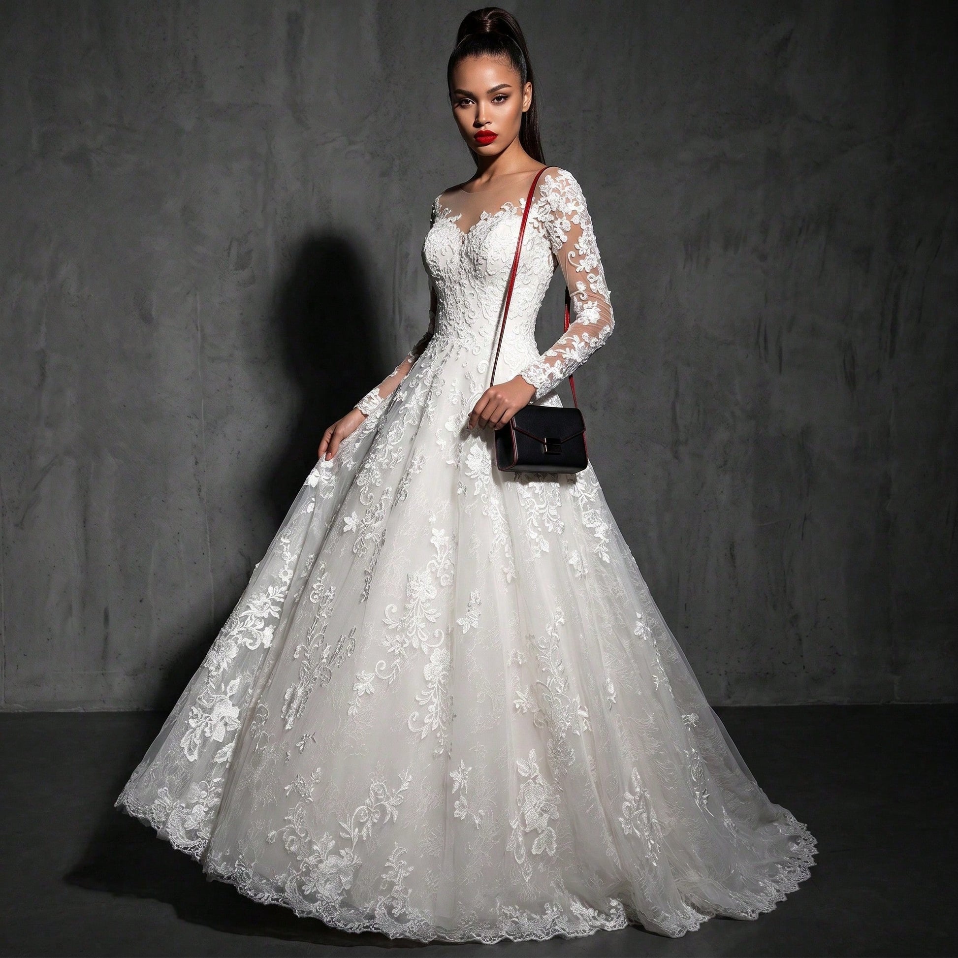 2026 New European And American Lace Women's Long Sleeve Off-Shoulder White Bridal Wedding Dress Gown