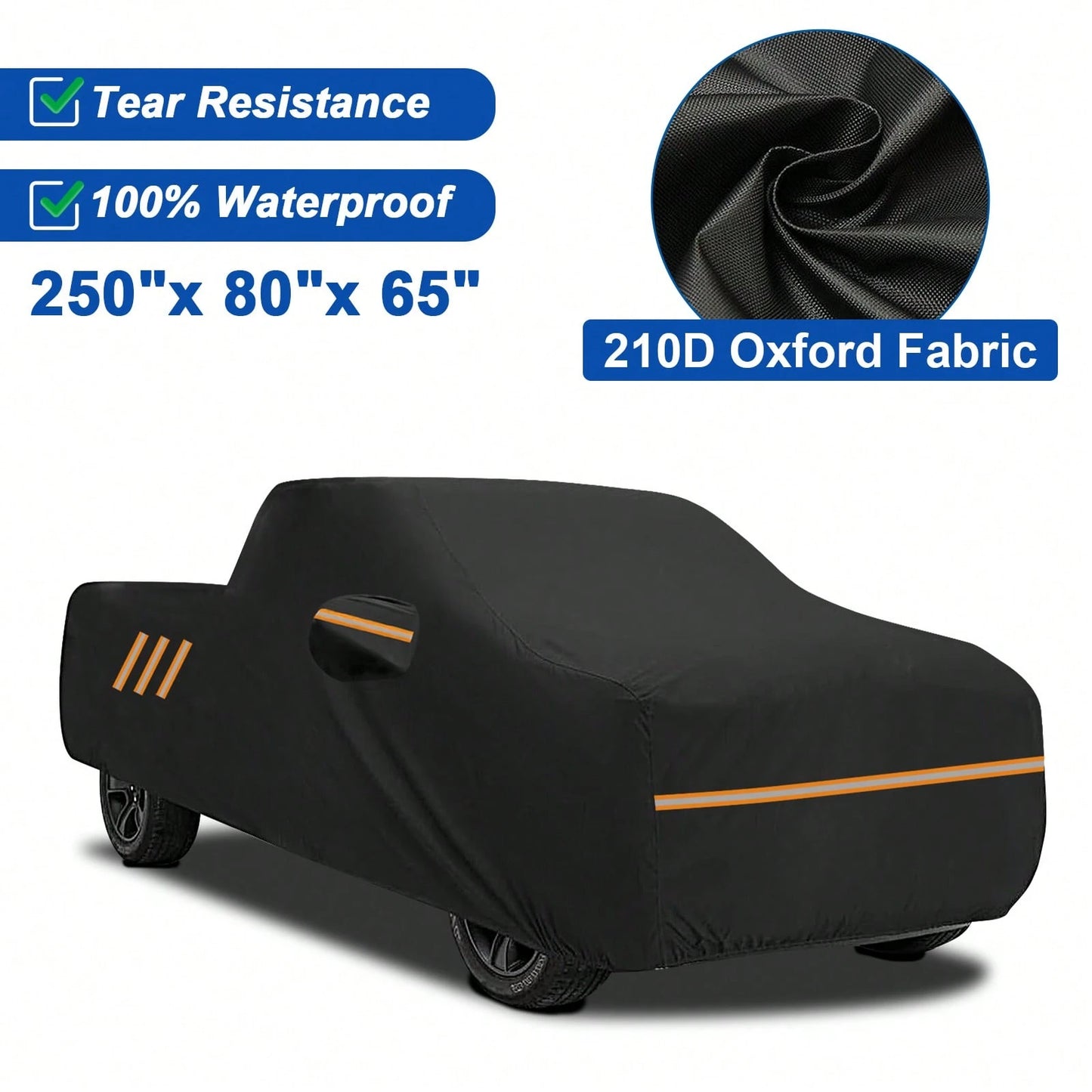 250*80*65 Inch Pickup Truck Car Cover 210D PU Waterproof Heavy Duty All Weather Outdoor Full Car Cover With Reflective Strips, Windproof Straps, UV Protection, Scratch & Dust Resistant, Tear Resistant