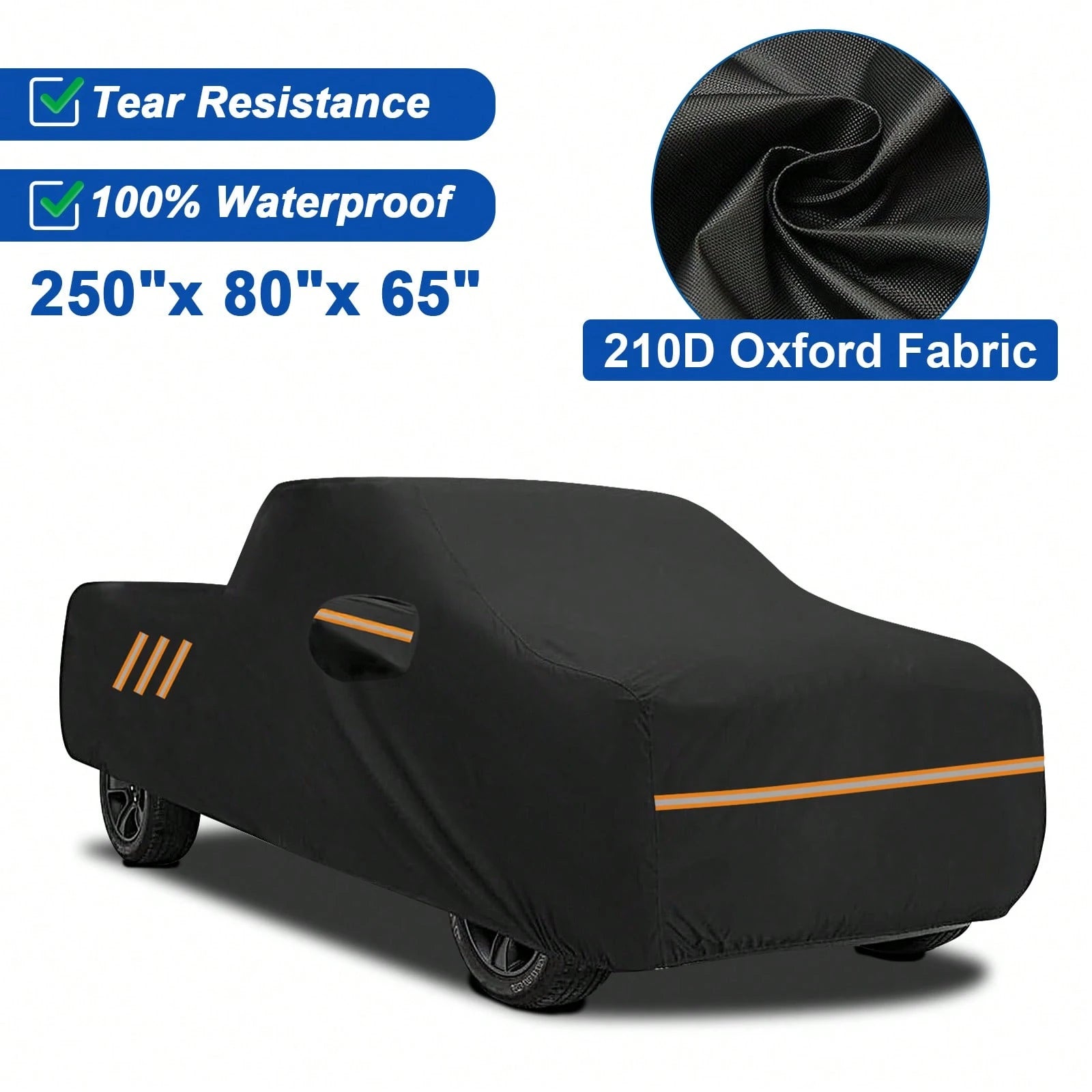 250*80*65 Inch Pickup Truck Car Cover 210D PU Waterproof Heavy Duty All Weather Outdoor Full Car Cover With Reflective Strips, Windproof Straps, UV Protection, Scratch & Dust Resistant, Tear Resistant