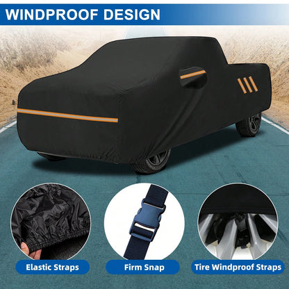 250*80*65 Inch Pickup Truck Car Cover 210D PU Waterproof Heavy Duty All Weather Outdoor Full Car Cover With Reflective Strips, Windproof Straps, UV Protection, Scratch & Dust Resistant, Tear Resistant