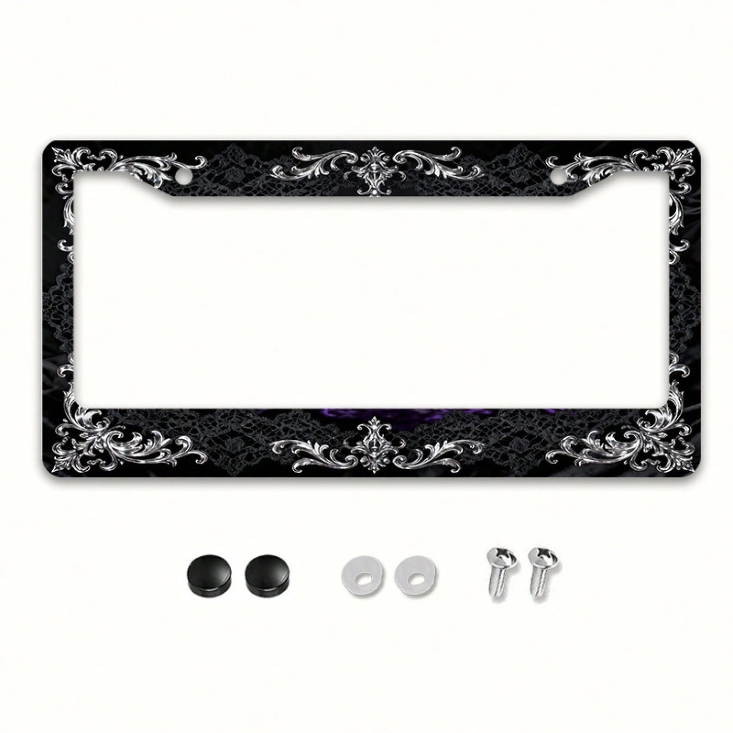 2D Flat 1pc Metal License Plate Frame, Vintage And Elegant, With Silver Engraving And Black Lace Combined With A Dreamy Scene, Suitable For North American And Most International Vehicles. Includes Mou