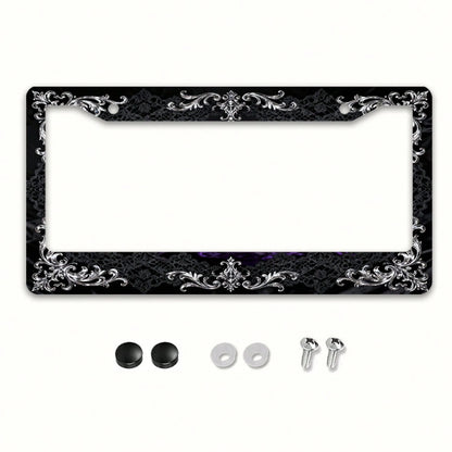 2D Flat 1pc Metal License Plate Frame, Vintage And Elegant, With Silver Engraving And Black Lace Combined With A Dreamy Scene, Suitable For North American And Most International Vehicles. Includes Mou