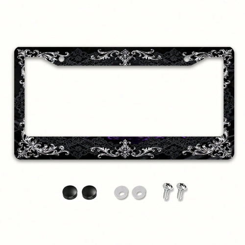 2D Flat 1pc Metal License Plate Frame, Vintage And Elegant, With Silver Engraving And Black Lace Combined With A Dreamy Scene, Suitable For North American And Most International Vehicles. Includes Mou