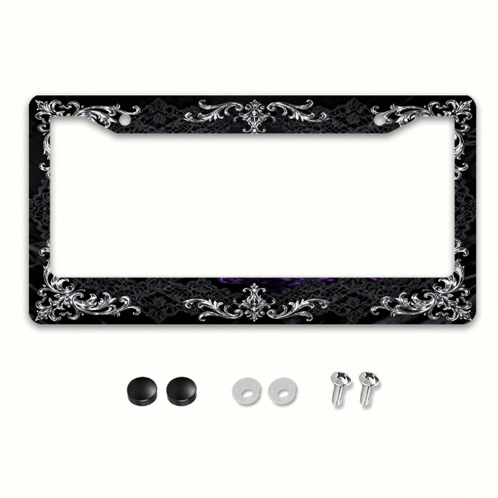 2D Flat 1pc Metal License Plate Frame, Vintage And Elegant, With Silver Engraving And Black Lace Combined With A Dreamy Scene, Suitable For North American And Most International Vehicles. Includes Mou