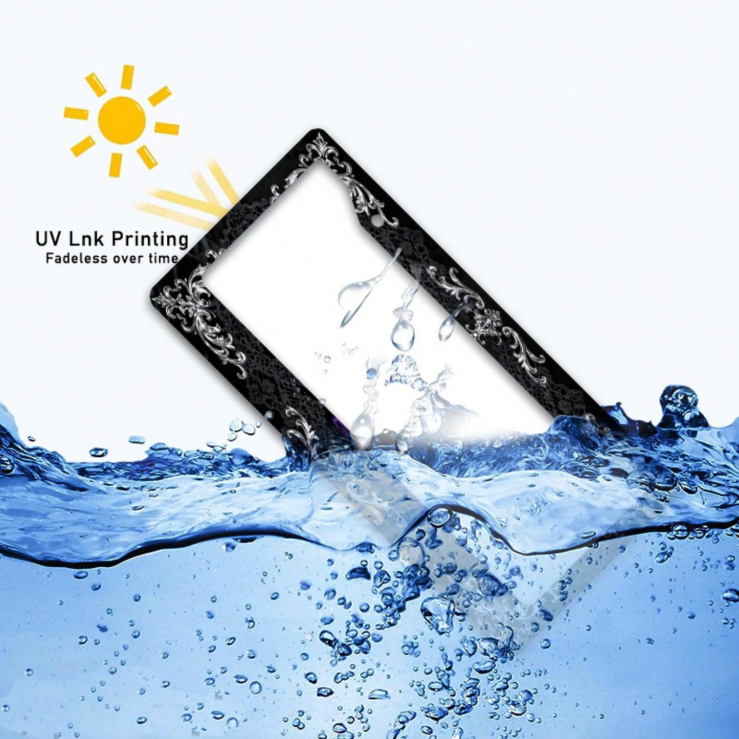 2D Flat 1pc Metal License Plate Frame, Vintage And Elegant, With Silver Engraving And Black Lace Combined With A Dreamy Scene, Suitable For North American And Most International Vehicles. Includes Mou