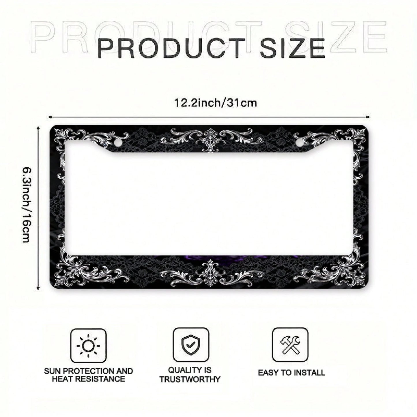 2D Flat 1pc Metal License Plate Frame, Vintage And Elegant, With Silver Engraving And Black Lace Combined With A Dreamy Scene, Suitable For North American And Most International Vehicles. Includes Mou