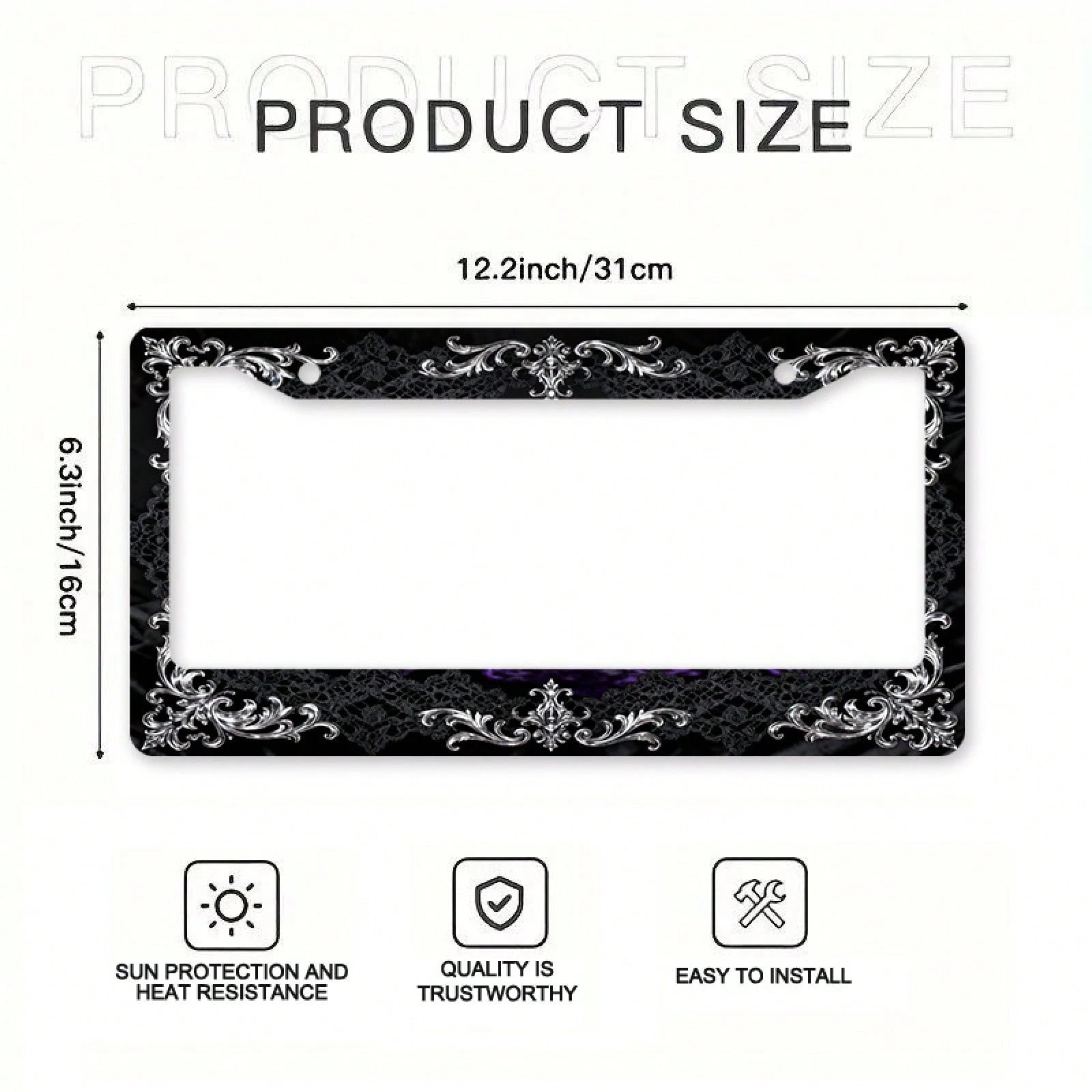 2D Flat 1pc Metal License Plate Frame, Vintage And Elegant, With Silver Engraving And Black Lace Combined With A Dreamy Scene, Suitable For North American And Most International Vehicles. Includes Mou