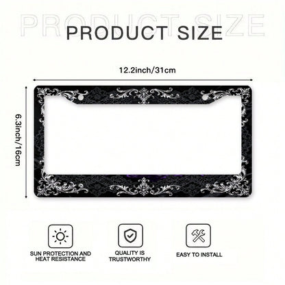 2D Flat 1pc Metal License Plate Frame, Vintage And Elegant, With Silver Engraving And Black Lace Combined With A Dreamy Scene, Suitable For North American And Most International Vehicles. Includes Mou