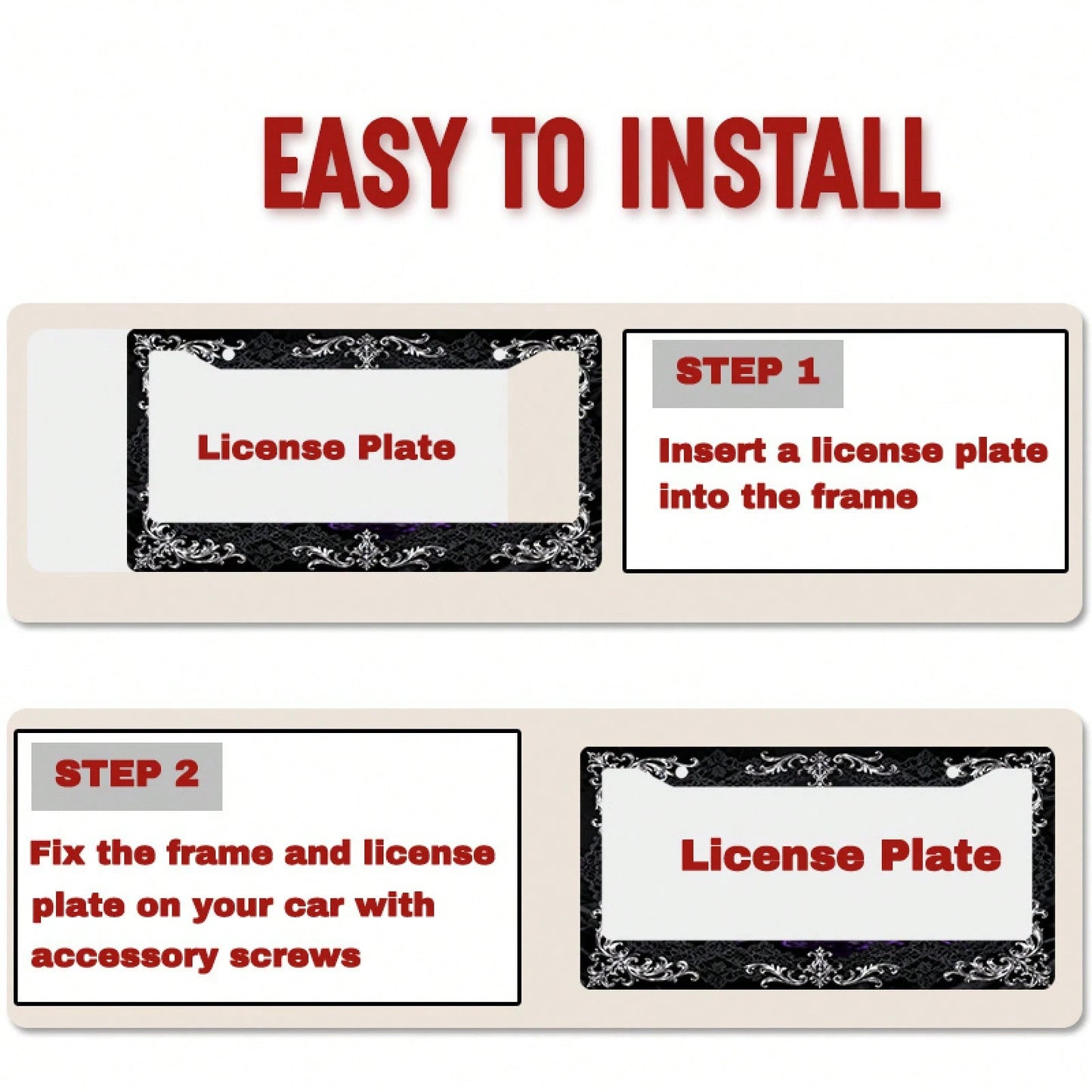 2D Flat 1pc Metal License Plate Frame, Vintage And Elegant, With Silver Engraving And Black Lace Combined With A Dreamy Scene, Suitable For North American And Most International Vehicles. Includes Mou