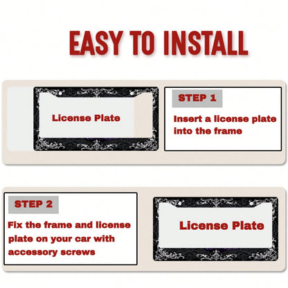 2D Flat 1pc Metal License Plate Frame, Vintage And Elegant, With Silver Engraving And Black Lace Combined With A Dreamy Scene, Suitable For North American And Most International Vehicles. Includes Mou