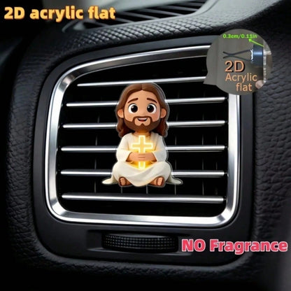2D Flat Jesus Holding Cross Car Air Vent Clip- Random Scent Diffuser, Cute Angel Decoration, Perfect Gift For Mom/Girlfriend/Friend, Suitable For Any Occasion