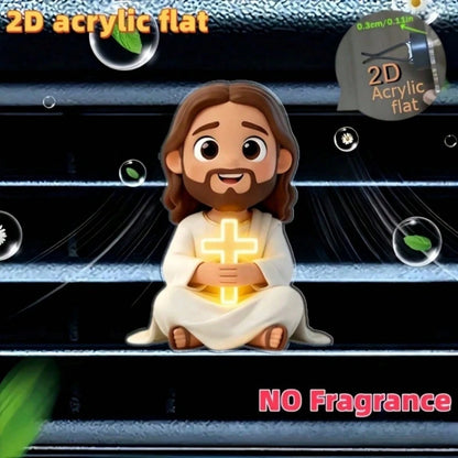 2D Flat Jesus Holding Cross Car Air Vent Clip- Random Scent Diffuser, Cute Angel Decoration, Perfect Gift For Mom/Girlfriend/Friend, Suitable For Any Occasion