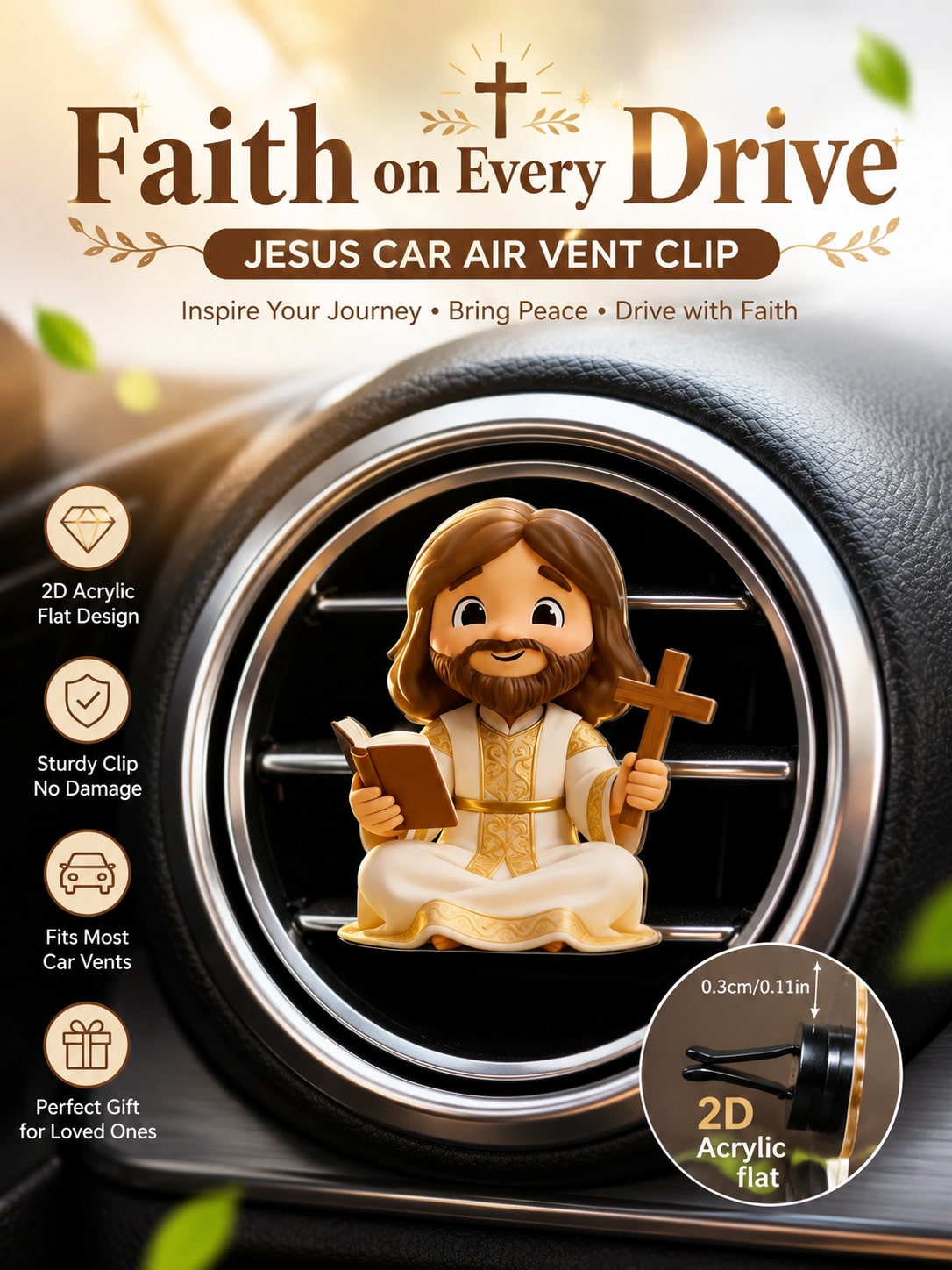 2D Flat (Non-3D) Car Air Vent Decor Clip- Jesus Cross Ornament, Stylish Interior Accessory, Fragrance Diffuser (Includes Random Scent), Cute Car Decoration, Perfect Unisex Holiday Gift