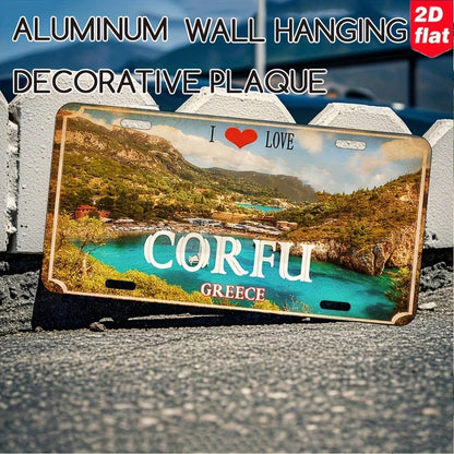 2D Flat, Vintage Corfu Greece Map & "I Love Corfu" Metal Wall Art Sign- 12"X6" (30x15cm) Greek Island Coastal Decor, Durable Aluminum Plaque For Home