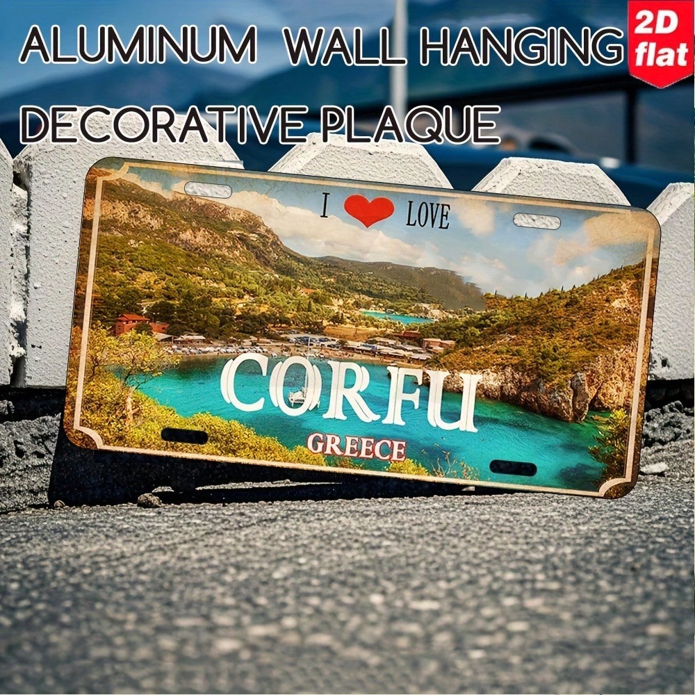 2D Flat, Vintage Corfu Greece Map & "I Love Corfu" Metal Wall Art Sign- 12"X6" (30x15cm) Greek Island Coastal Decor, Durable Aluminum Plaque For Home