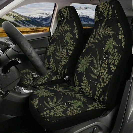 2pcCottagecore Witchy Celestial Fern Forest Car Seat Cover, Green Nature Front Seat Cover