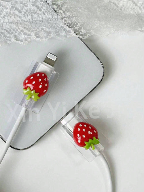 2pcs 3D Strawberry Fruit Design Data Cable Protector/Organizer Nan Charger Accessories Phone Accessories