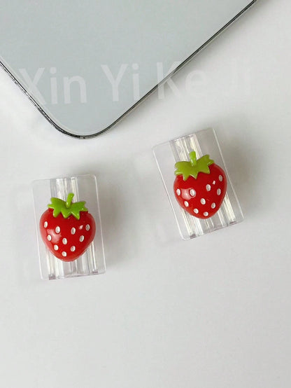 2pcs 3D Strawberry Fruit Design Data Cable Protector/Organizer Nan Charger Accessories Phone Accessories