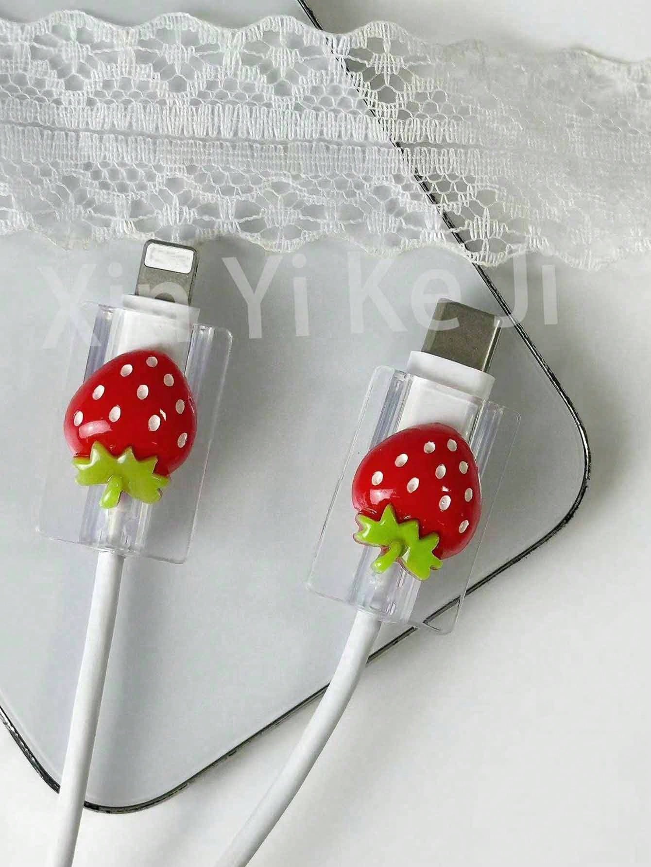 2pcs 3D Strawberry Fruit Design Data Cable Protector/Organizer Nan Charger Accessories Phone Accessories