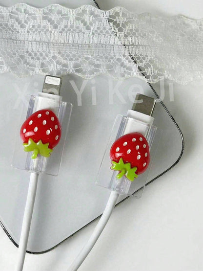 2pcs 3D Strawberry Fruit Design Data Cable Protector/Organizer Nan Charger Accessories Phone Accessories
