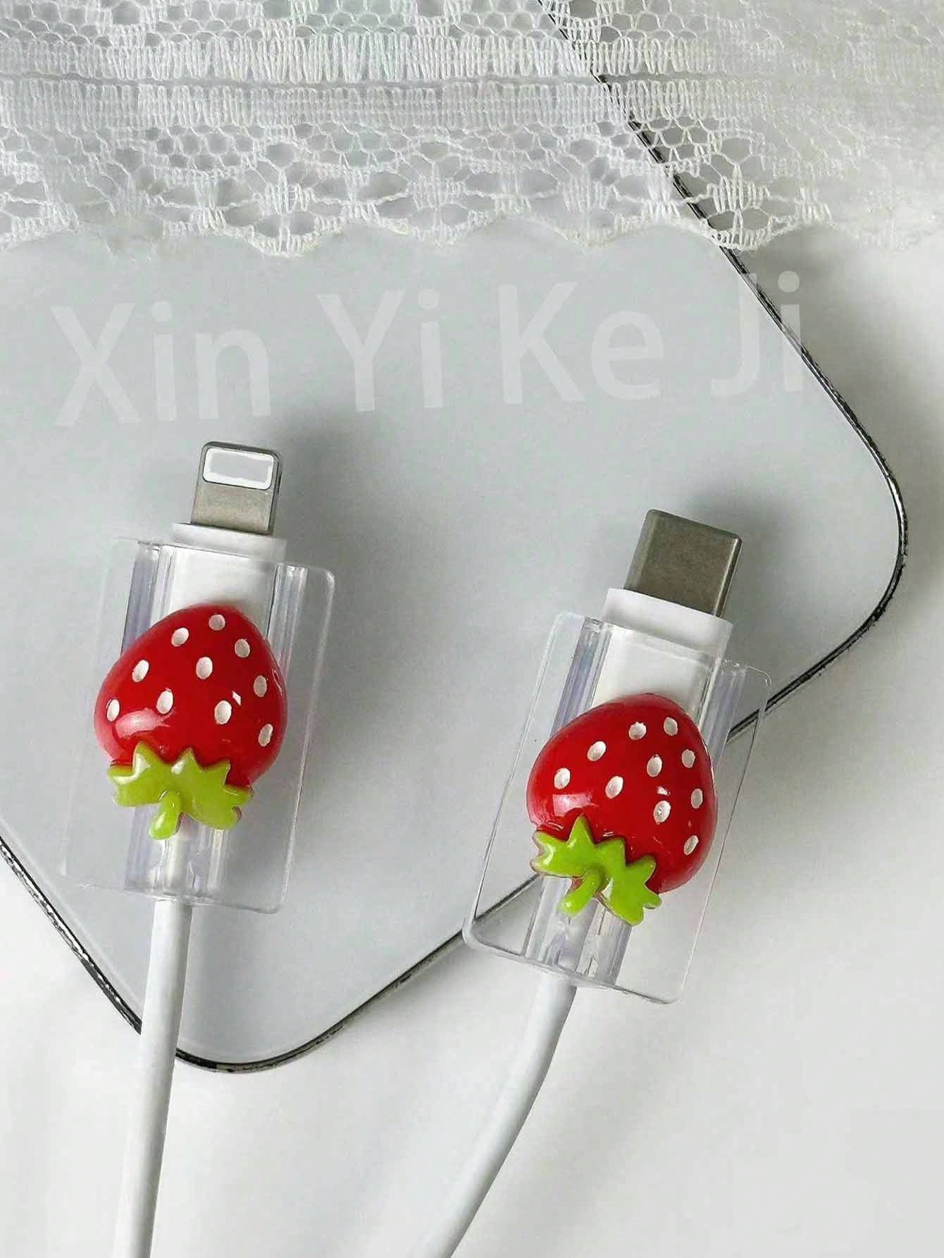 2pcs 3D Strawberry Fruit Design Data Cable Protector/Organizer Nan Charger Accessories Phone Accessories