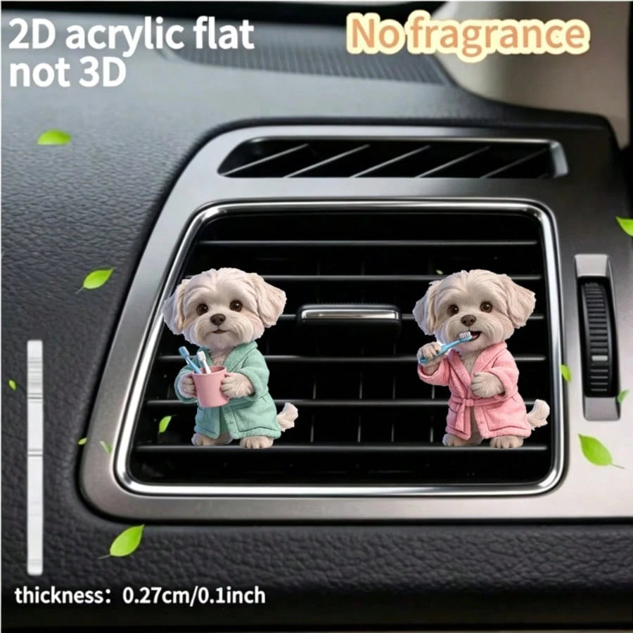 2pcs Acrylic Cute Puppy Car Air Vent Clip Decor, 2D Flat Cute Air Vent Decorative Accessory (With Unscented Sponge Pad, Can Add Perfume Yourself)