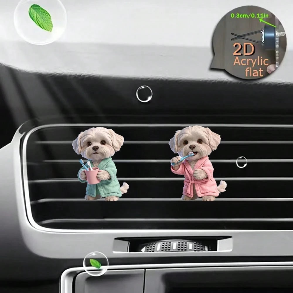 2pcs Acrylic Cute Puppy Car Air Vent Clip Decor, 2D Flat Cute Air Vent Decorative Accessory (With Unscented Sponge Pad, Can Add Perfume Yourself)