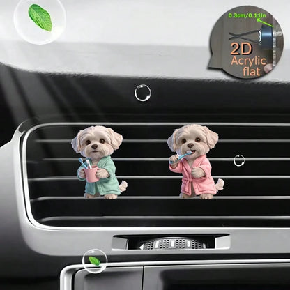 2pcs Acrylic Cute Puppy Car Air Vent Clip Decor, 2D Flat Cute Air Vent Decorative Accessory (With Unscented Sponge Pad, Can Add Perfume Yourself)