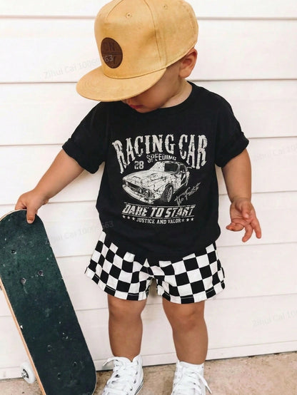 2pcs Baby Boy Black Summer Casual City Break Outfit,Vintage Distressed Racing Car Pattern Short Sleeve T-Shirt And Checkerboard Shorts Set,Infant Suit