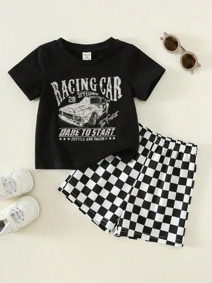 2pcs Baby Boy Black Summer Casual City Break Outfit,Vintage Distressed Racing Car Pattern Short Sleeve T-Shirt And Checkerboard Shorts Set,Infant Suit