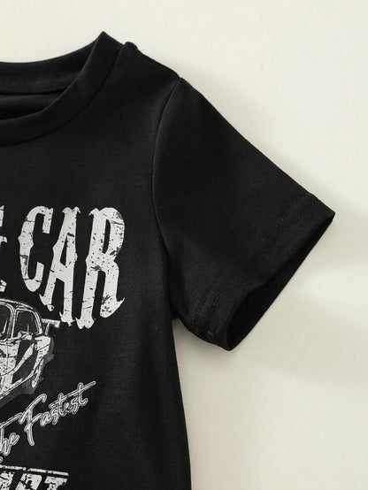 2pcs Baby Boy Black Summer Casual City Break Outfit,Vintage Distressed Racing Car Pattern Short Sleeve T-Shirt And Checkerboard Shorts Set,Infant Suit
