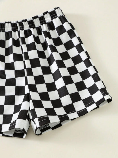 2pcs Baby Boy Black Summer Casual City Break Outfit,Vintage Distressed Racing Car Pattern Short Sleeve T-Shirt And Checkerboard Shorts Set,Infant Suit