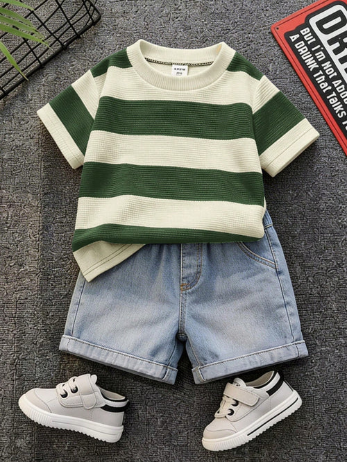 2pcs Baby Boy Casual Cute Black & White Striped Short Sleeve T-Shirt And Denim Shorts Set, Suitable For Spring/Summer