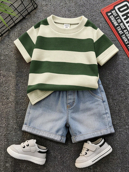 2pcs Baby Boy Casual Cute Black & White Striped Short Sleeve T-Shirt And Denim Shorts Set, Suitable For Spring/Summer