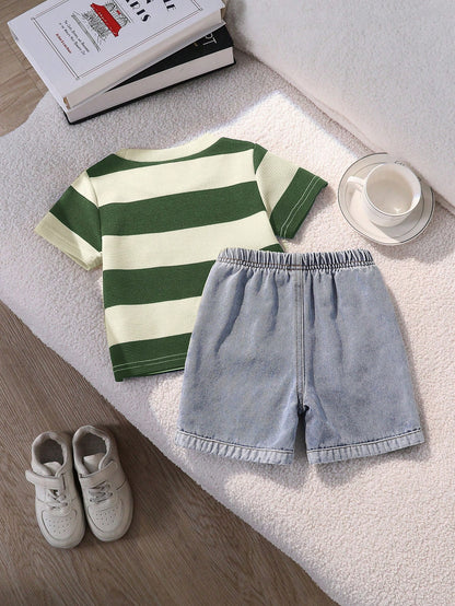 2pcs Baby Boy Casual Cute Black & White Striped Short Sleeve T-Shirt And Denim Shorts Set, Suitable For Spring/Summer