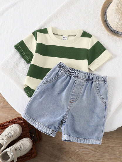 2pcs Baby Boy Casual Cute Black & White Striped Short Sleeve T-Shirt And Denim Shorts Set, Suitable For Spring/Summer