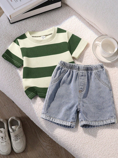 2pcs Baby Boy Casual Cute Black & White Striped Short Sleeve T-Shirt And Denim Shorts Set, Suitable For Spring/Summer