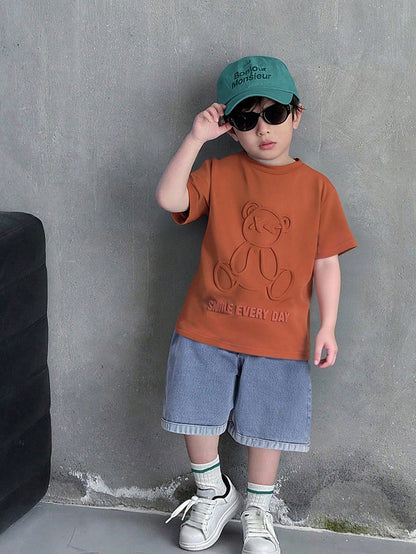 2pcs Baby Boy Casual Cute Black & White Striped Short Sleeve T-Shirt And Denim Shorts Set, Suitable For Spring/Summer