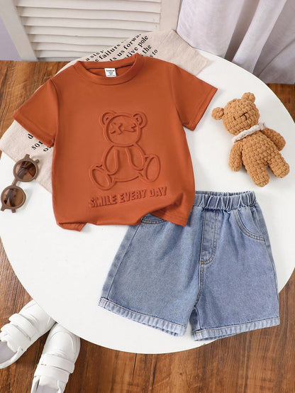 2pcs Baby Boy Casual Cute Black & White Striped Short Sleeve T-Shirt And Denim Shorts Set, Suitable For Spring/Summer