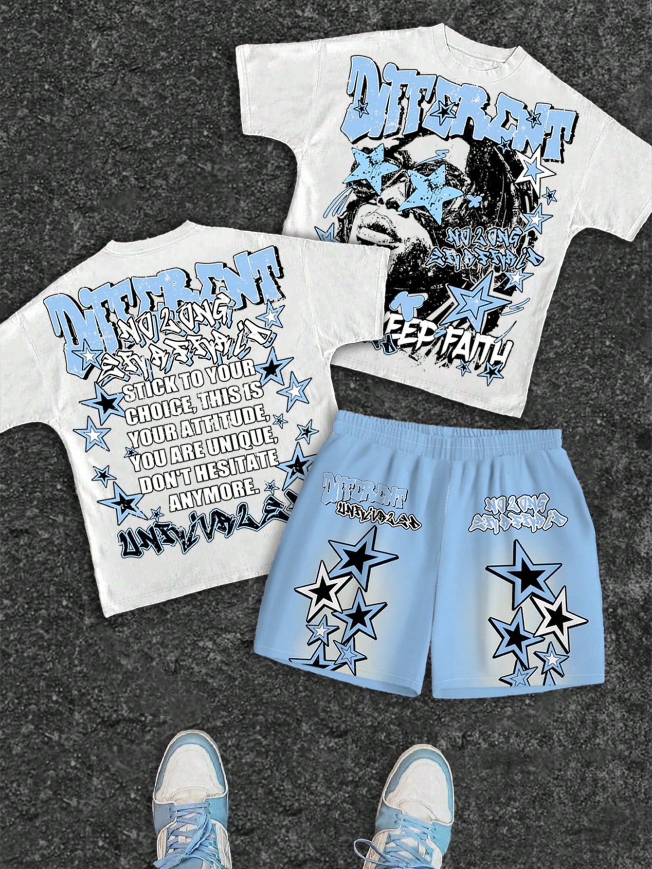 2pcs Baby Boy Casual T-Shirt And Shorts Set, Classic Cool Rapper Portrait, Five-Pointed Star Print, Y2K Style