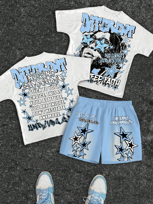 2pcs Baby Boy Casual T-Shirt And Shorts Set, Classic Cool Rapper Portrait, Five-Pointed Star Print, Y2K Style