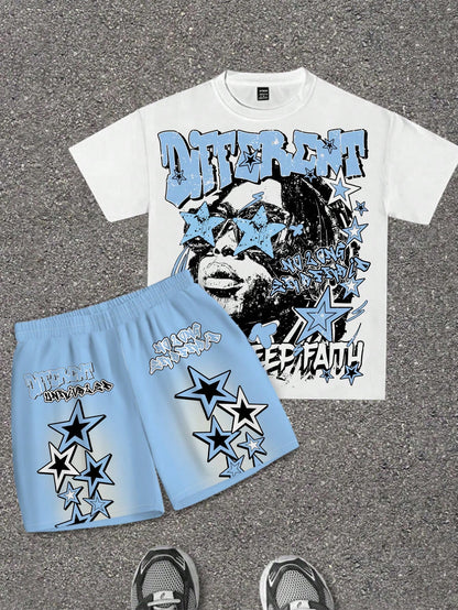 2pcs Baby Boy Casual T-Shirt And Shorts Set, Classic Cool Rapper Portrait, Five-Pointed Star Print, Y2K Style