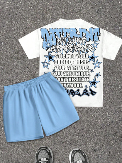 2pcs Baby Boy Casual T-Shirt And Shorts Set, Classic Cool Rapper Portrait, Five-Pointed Star Print, Y2K Style