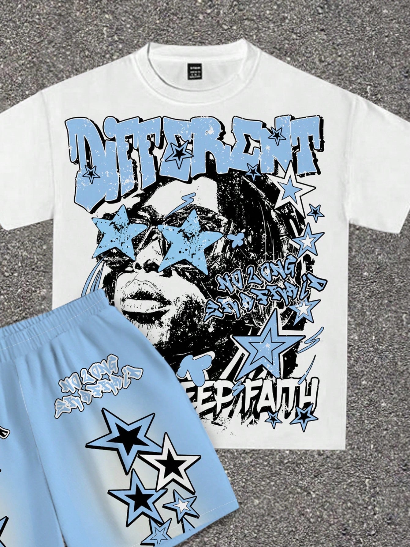 2pcs Baby Boy Casual T-Shirt And Shorts Set, Classic Cool Rapper Portrait, Five-Pointed Star Print, Y2K Style