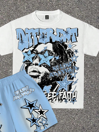 2pcs Baby Boy Casual T-Shirt And Shorts Set, Classic Cool Rapper Portrait, Five-Pointed Star Print, Y2K Style