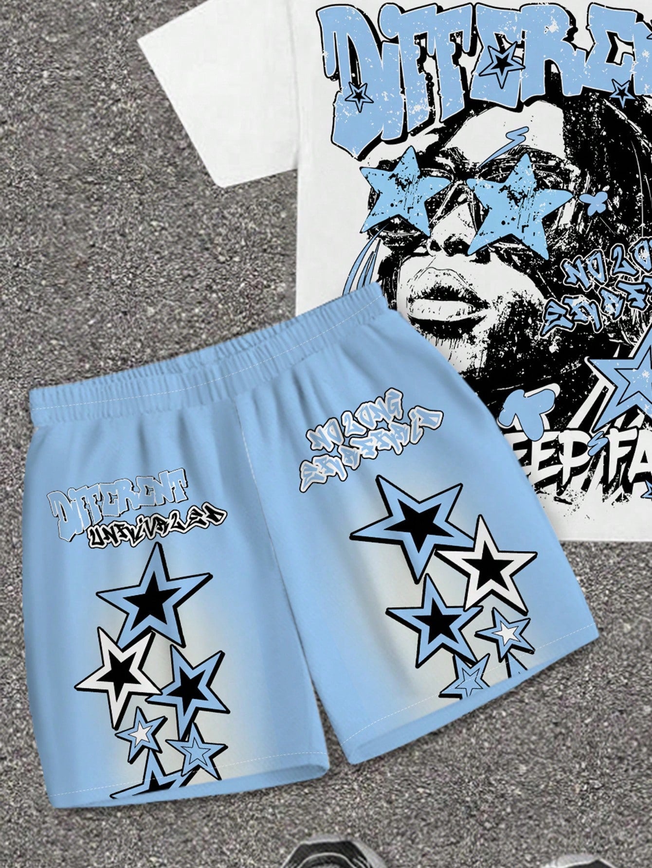 2pcs Baby Boy Casual T-Shirt And Shorts Set, Classic Cool Rapper Portrait, Five-Pointed Star Print, Y2K Style