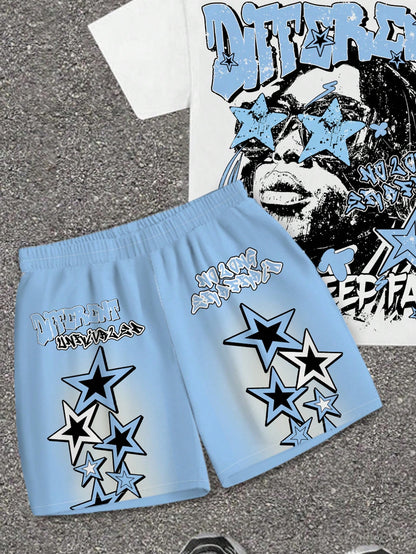 2pcs Baby Boy Casual T-Shirt And Shorts Set, Classic Cool Rapper Portrait, Five-Pointed Star Print, Y2K Style